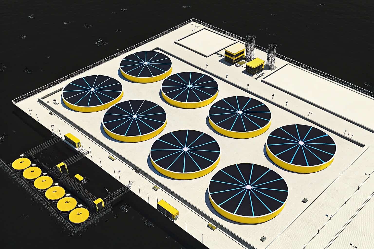 An aerial view of a modern fish farm with circular pens