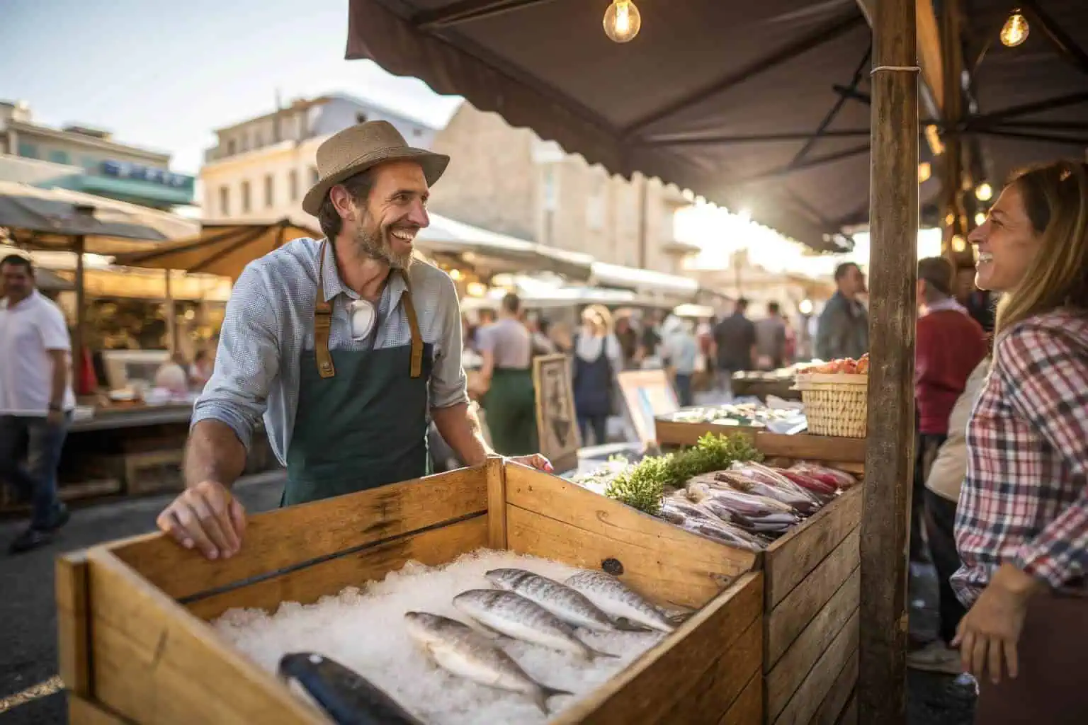 A person selling fresh fish at a local farmer's market