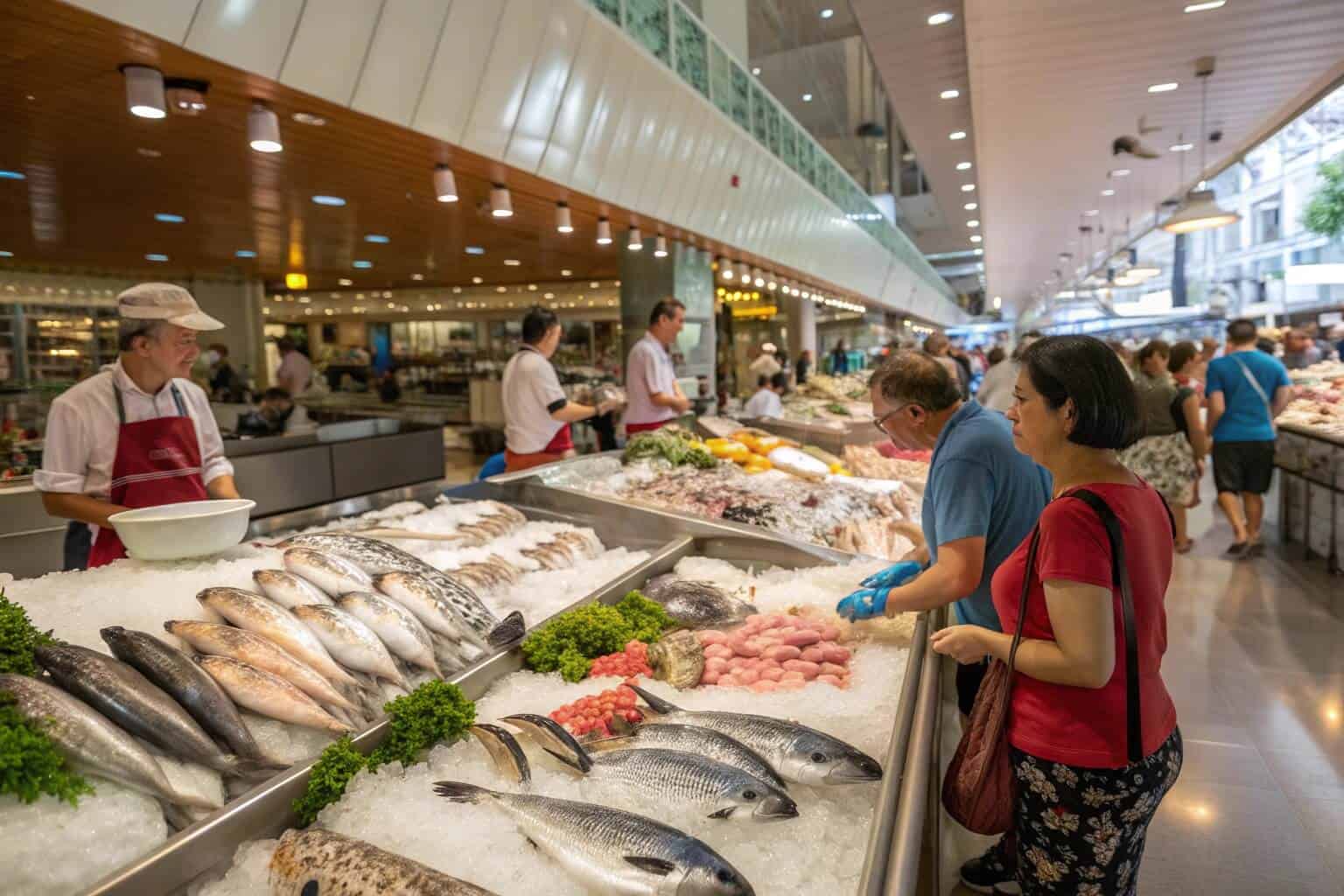 A bustling market with fresh fish for sale