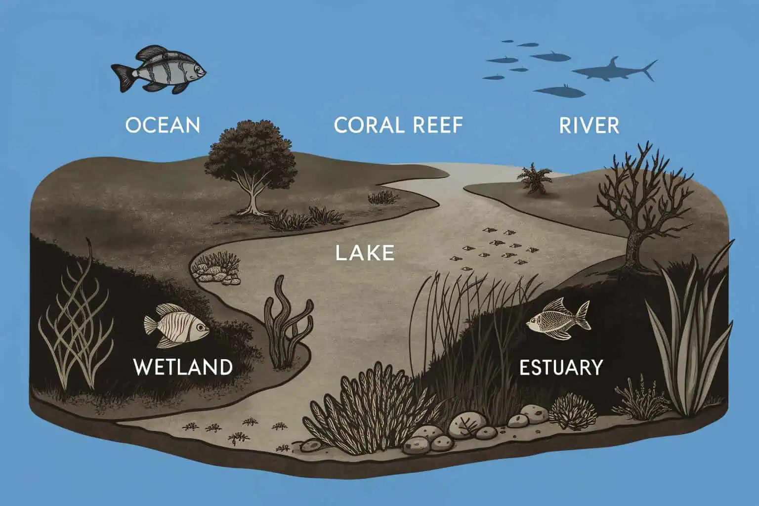 An infographic illustrating the different types of aquatic ecosystems