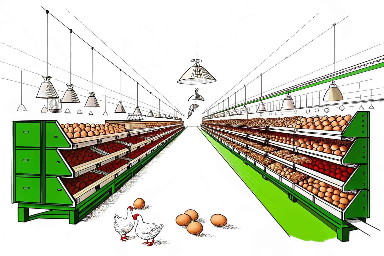 Rows of layer cages in a poultry farm