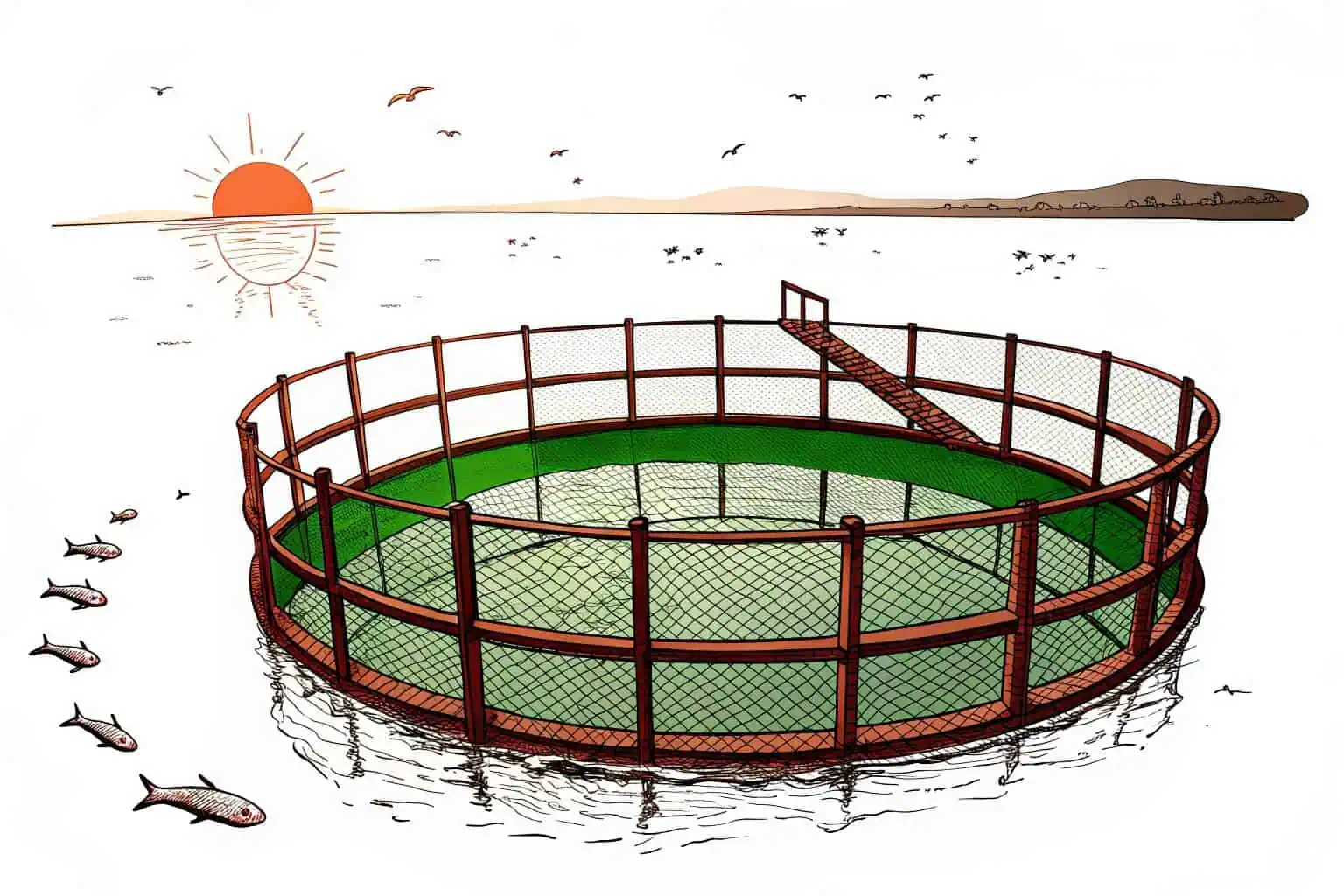 A large, circular floating fish cage