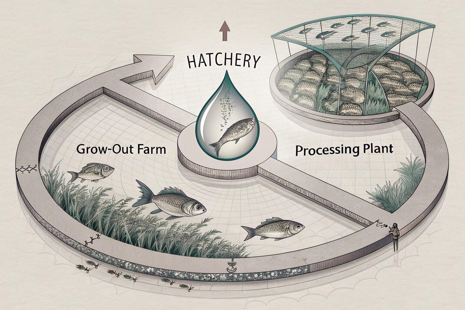 A diagram showing the interconnected stages of aquaculture