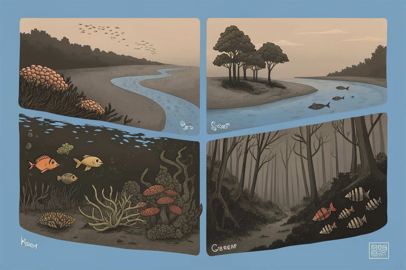 A split image showing a coral reef, a river, a wetland, and an estuary