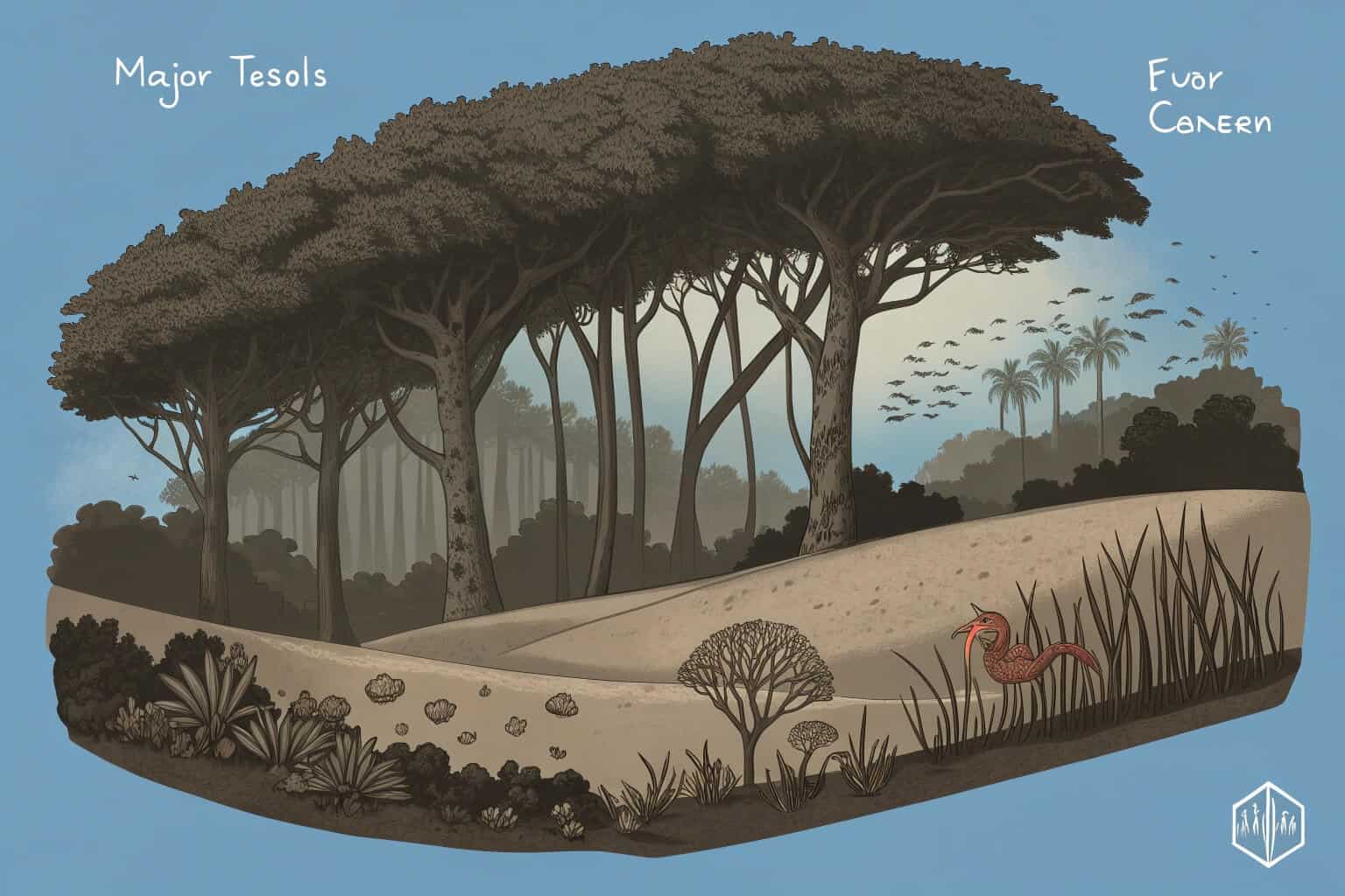 A collage showing a forest, a desert, a coral reef, and a grassland