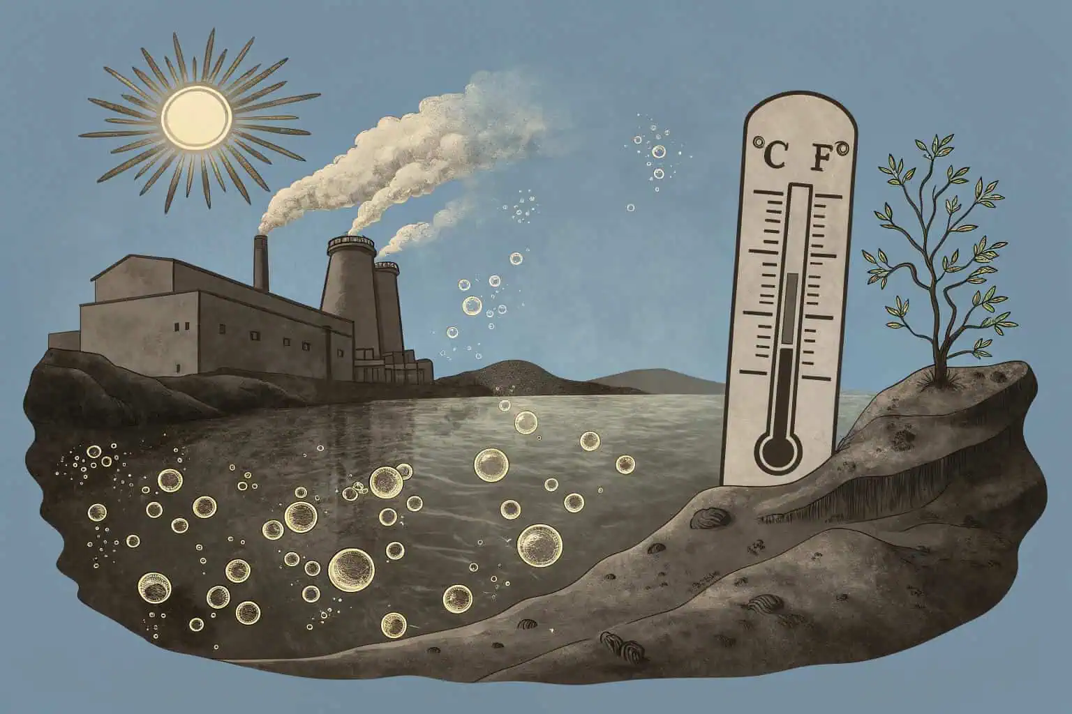 An illustration showing the sun, a factory, a thermometer, and a water testing kit over a body of water