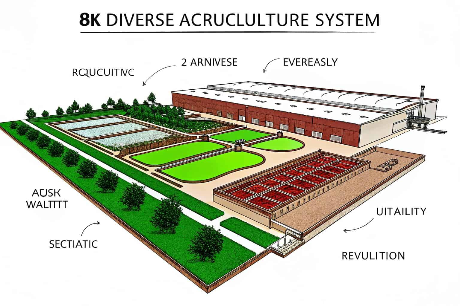 An aerial view of aquaculture ponds and raceways