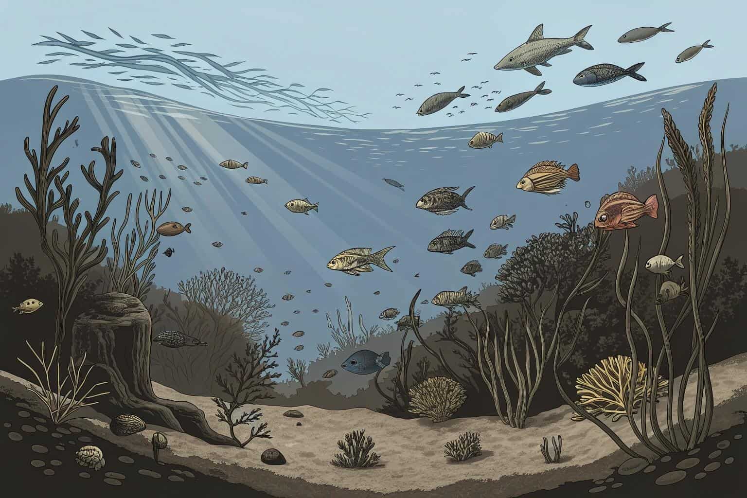 A diverse aquatic ecosystem with various fish and plants