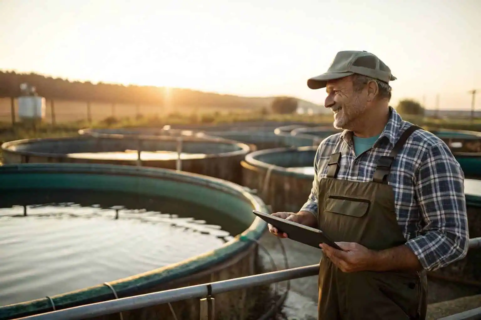 A fish farmer feeding fish in a pond