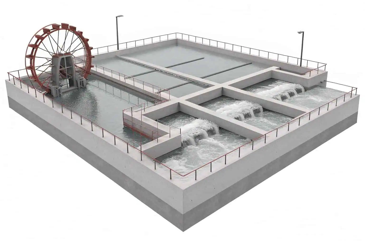 A pond raceway system with water flowing through channels