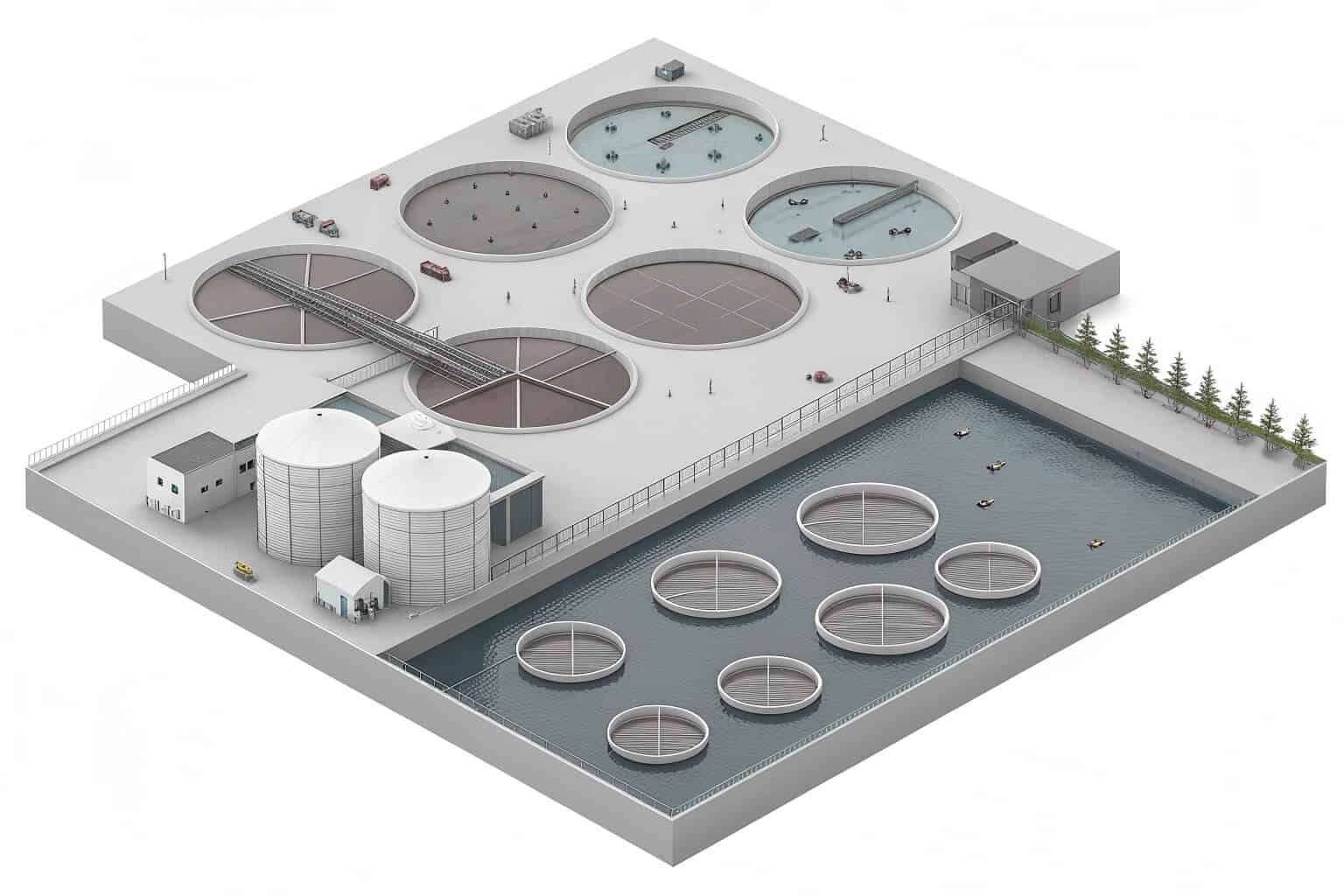 An aerial view of multiple aquaculture ponds