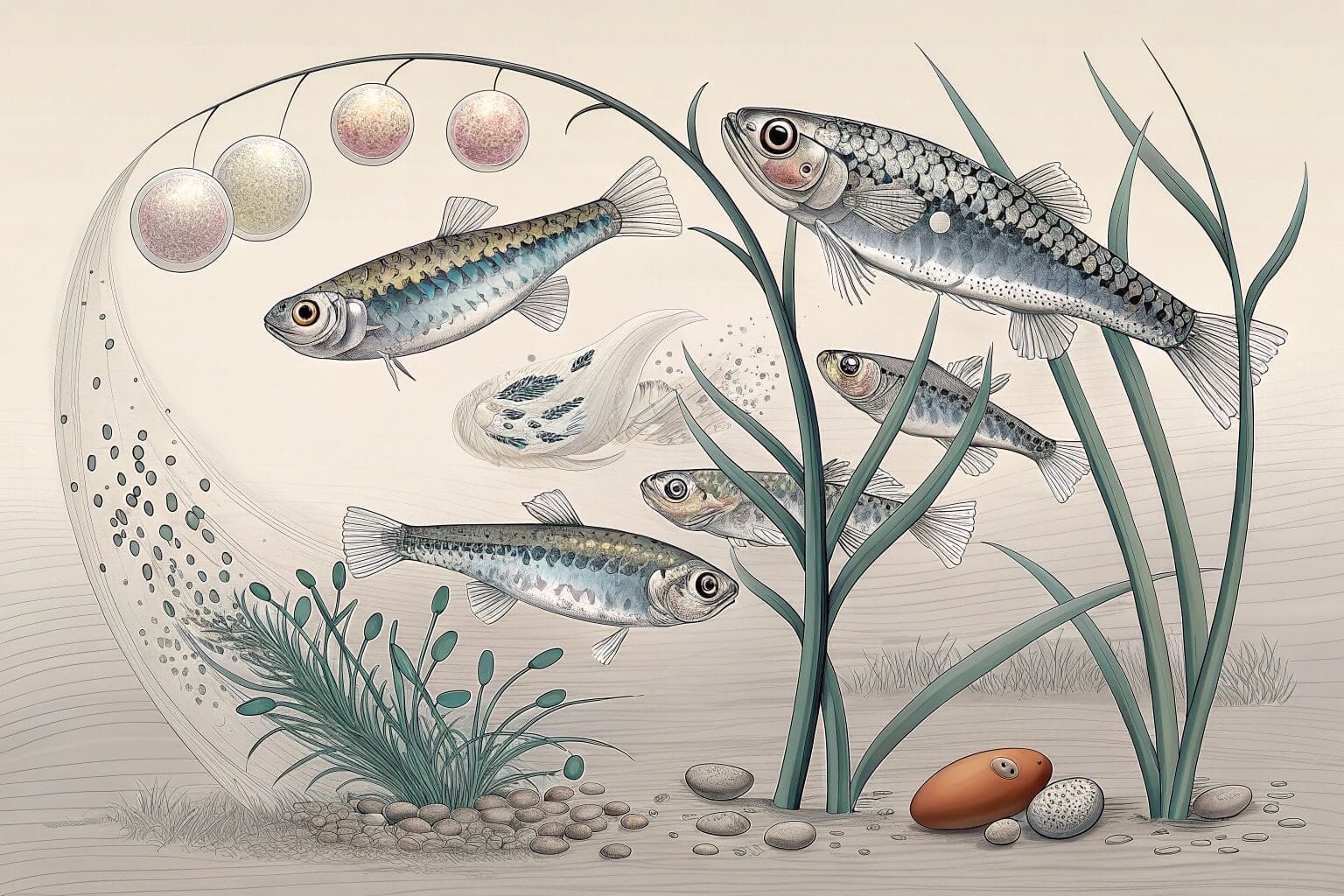 The four life stages of a fish from egg to adult