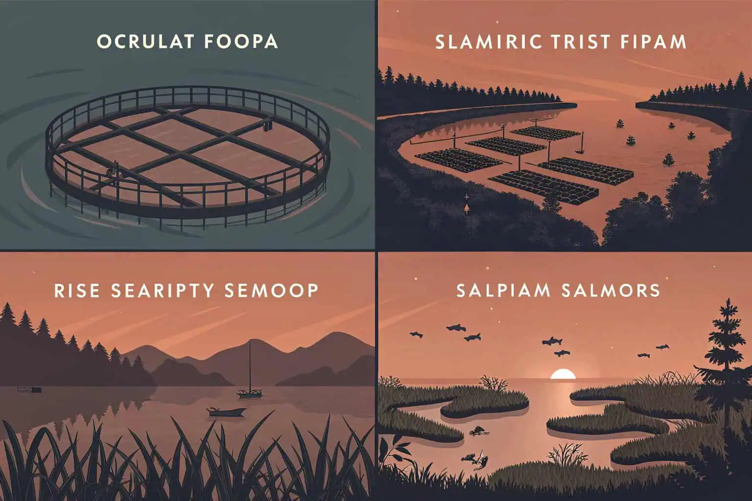 A montage of the four main aquaculture systems: a freshwater pond, a sea cage, a brackish water shrimp farm, and an integrated rice-fish farm.