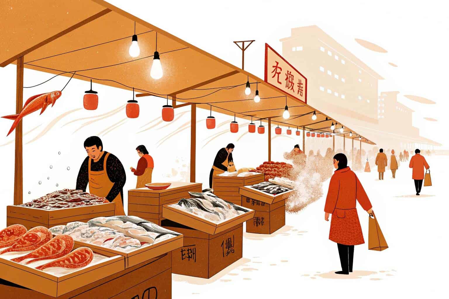 A bustling fish market in China with various farmed species