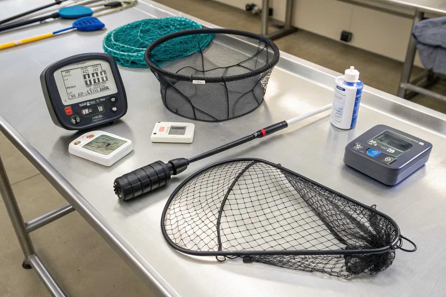 Aquaculture tools like nets, feeders, and water testing kits