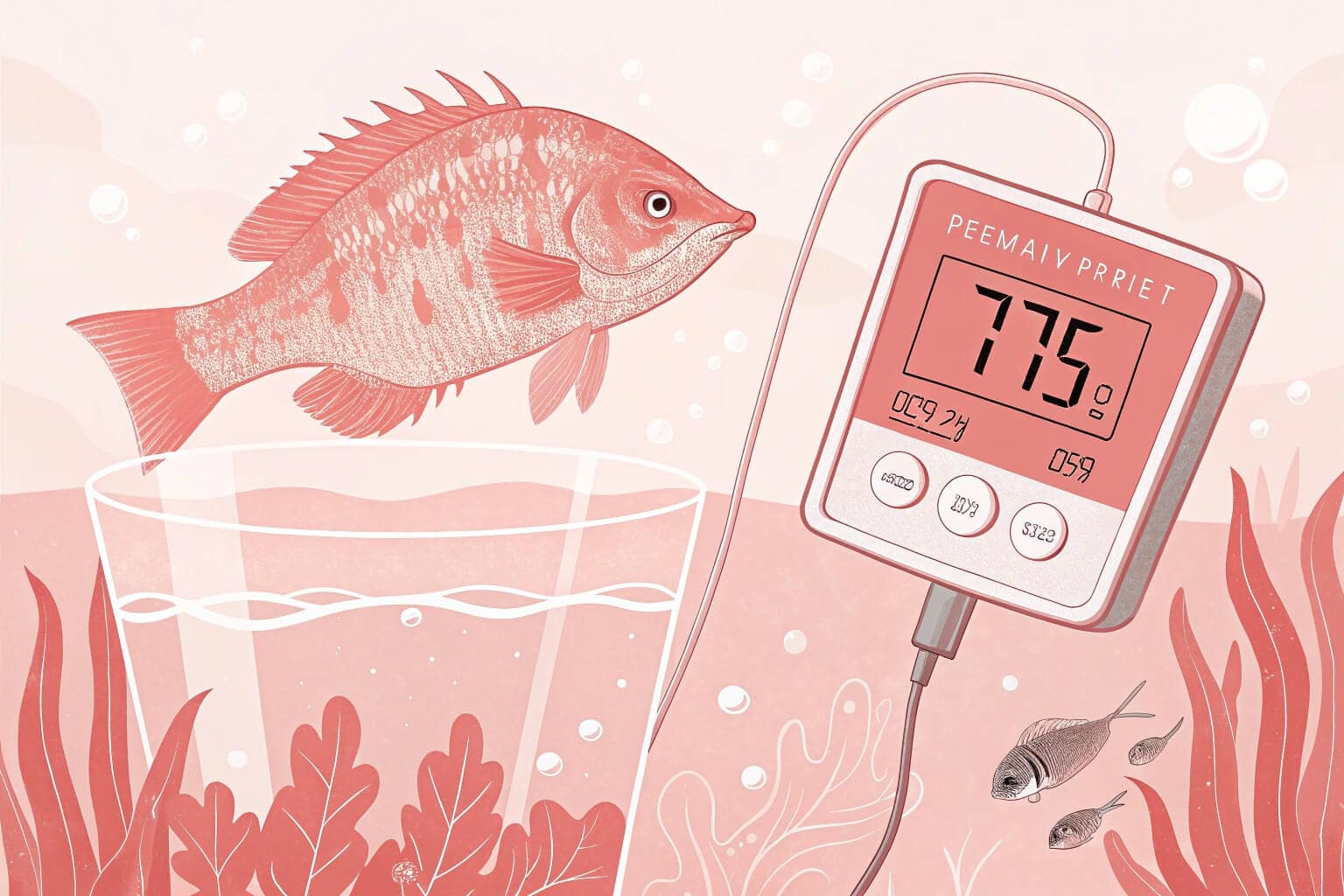 A close-up shot of a digital pH meter showing a reading of 7.5, with a healthy, vibrant fish swimming in the clear water background.