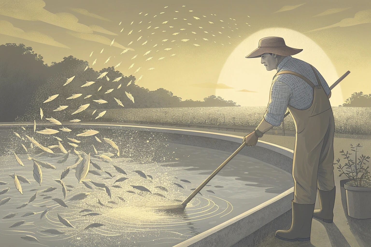 A fish farmer feeding fish in a pond