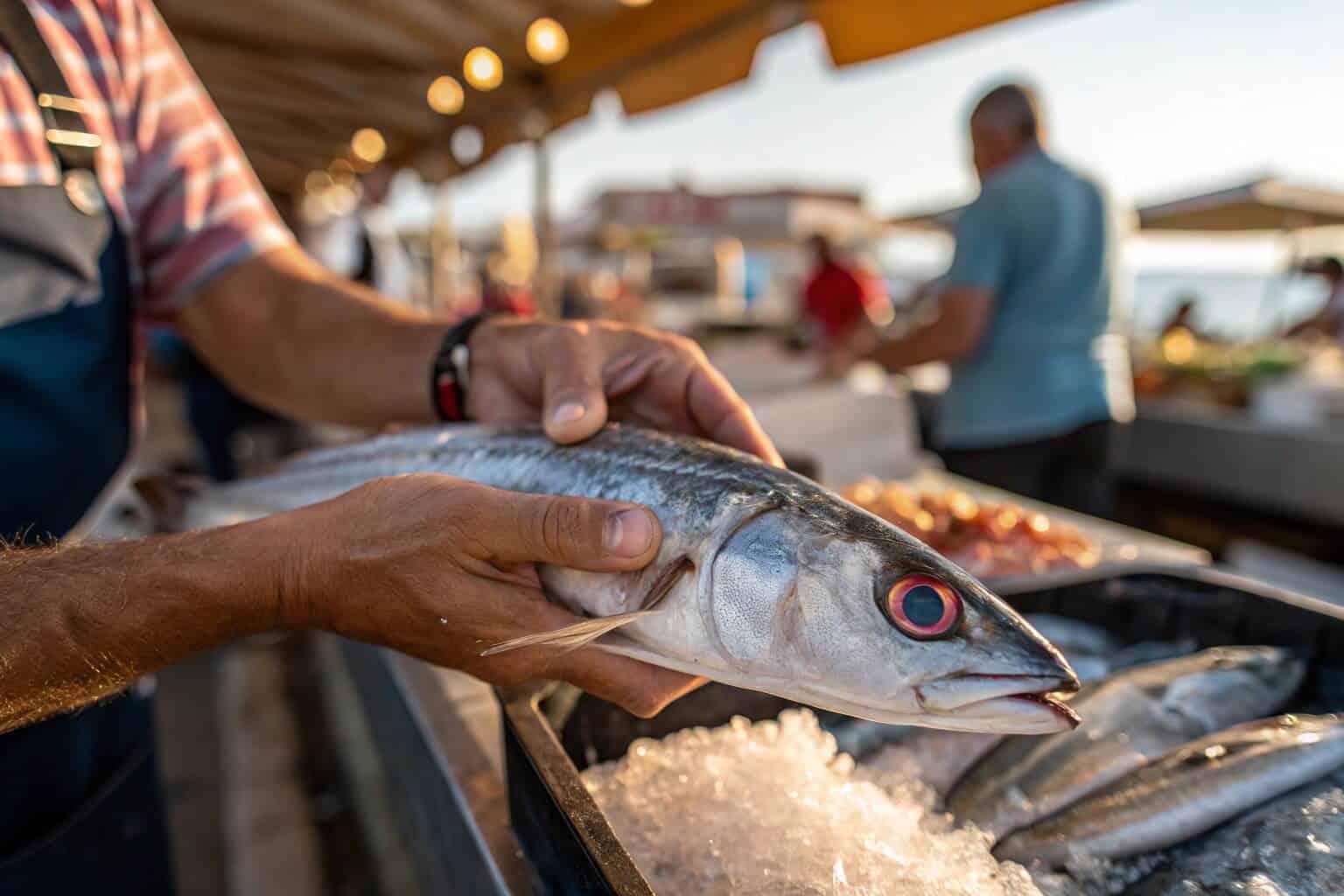 A person inspecting fish at a market, looking for quality.