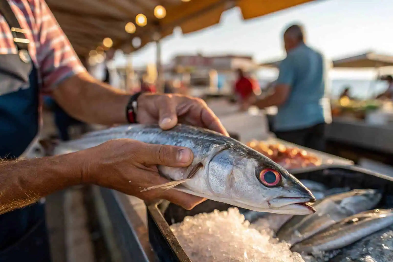 A person inspecting fish at a market, looking for quality.