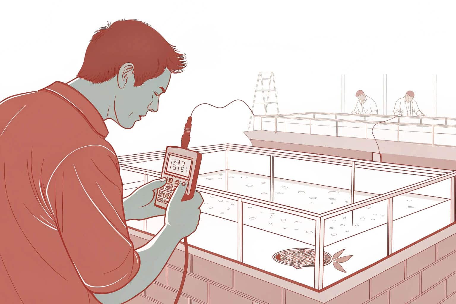 A technician carefully monitoring water quality parameters with digital equipment at a fish farm.