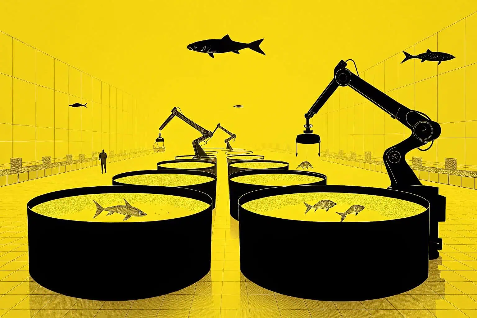 A futuristic aquaculture farm with automated systems and clean water