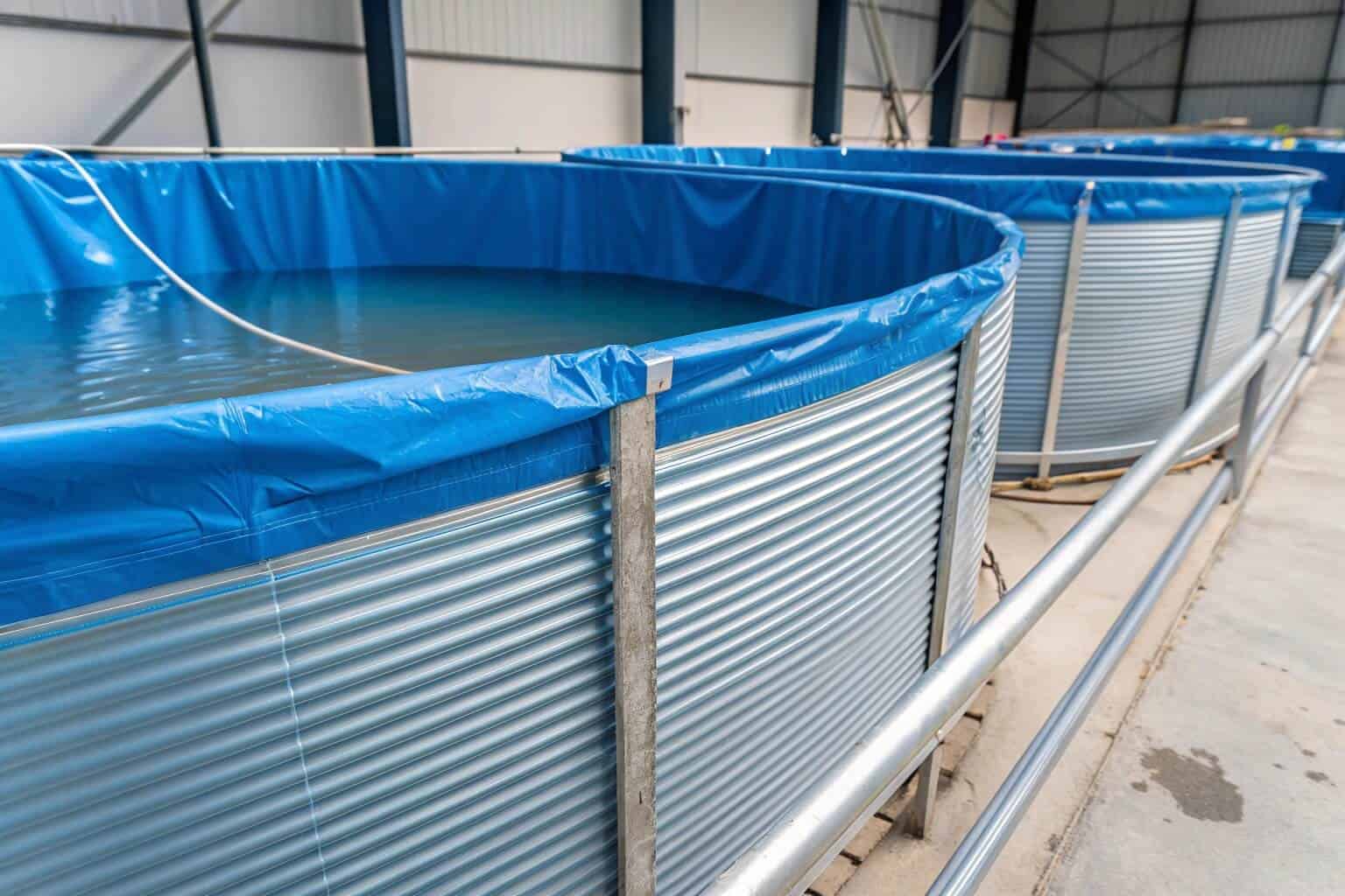 Close-up of durable aquaculture materials like PVC pipes and galvanized steel frames