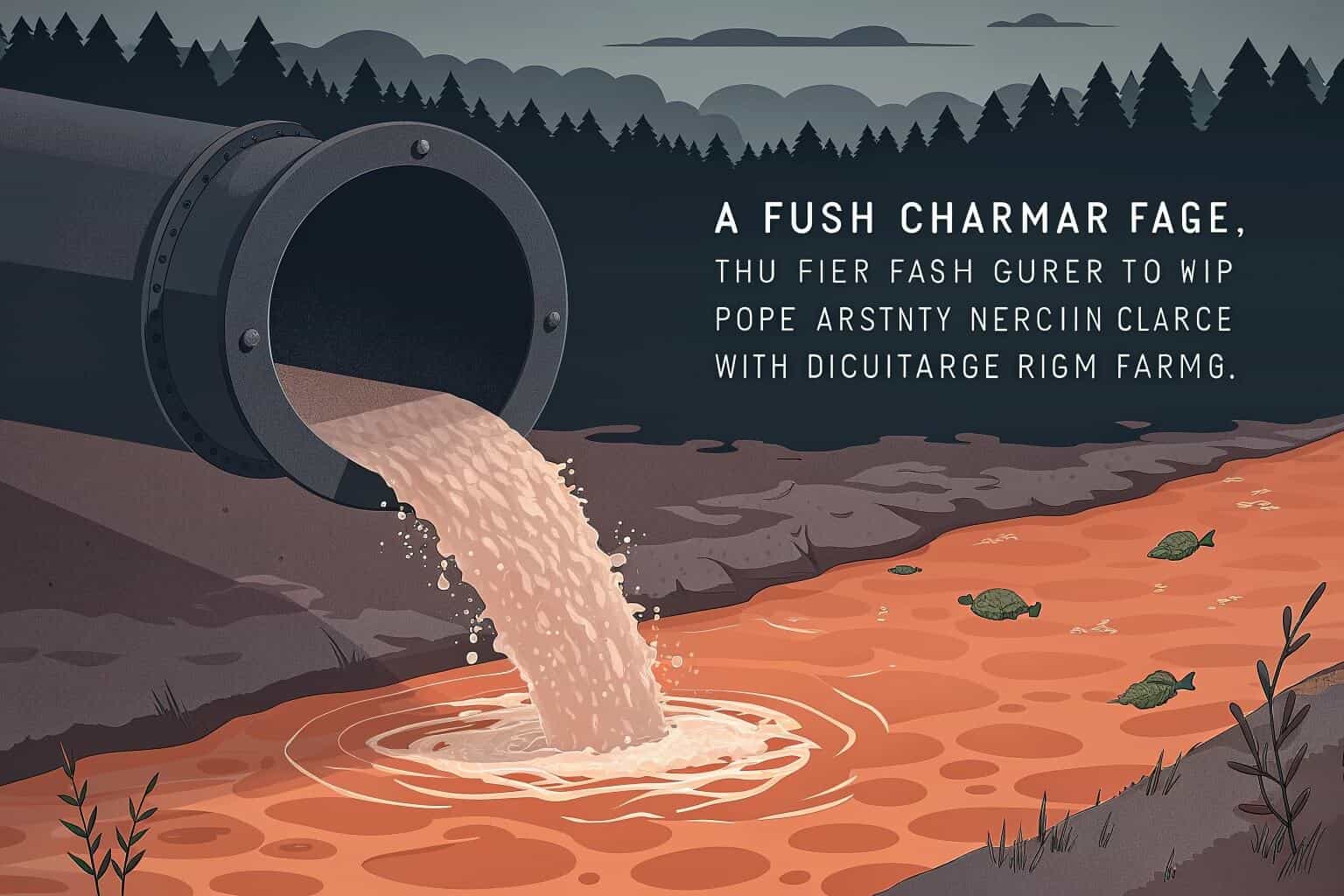 An image showing murky, polluted water being discharged from a fish farm into a natural waterway.