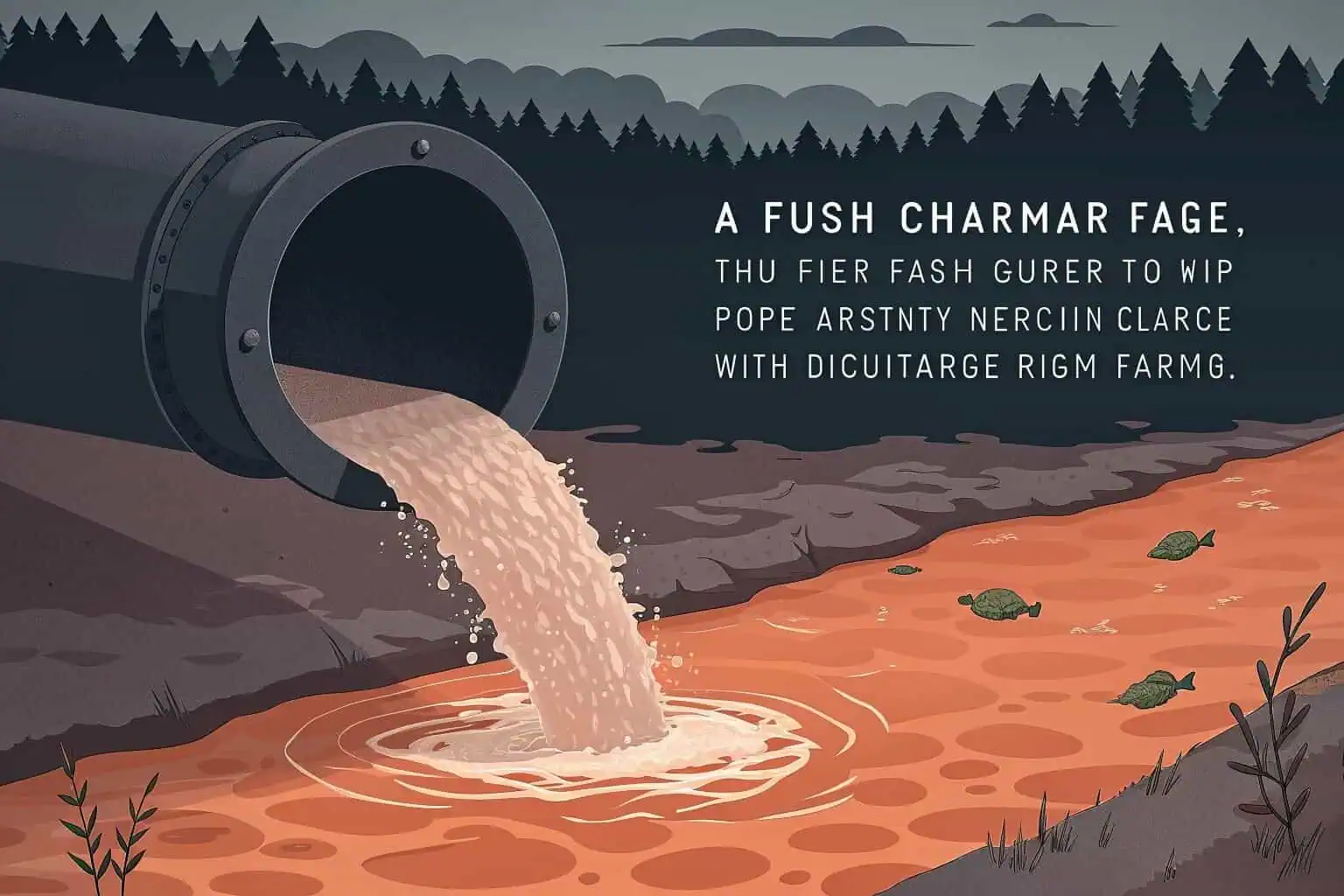 An image showing murky, polluted water being discharged from a fish farm into a natural waterway.