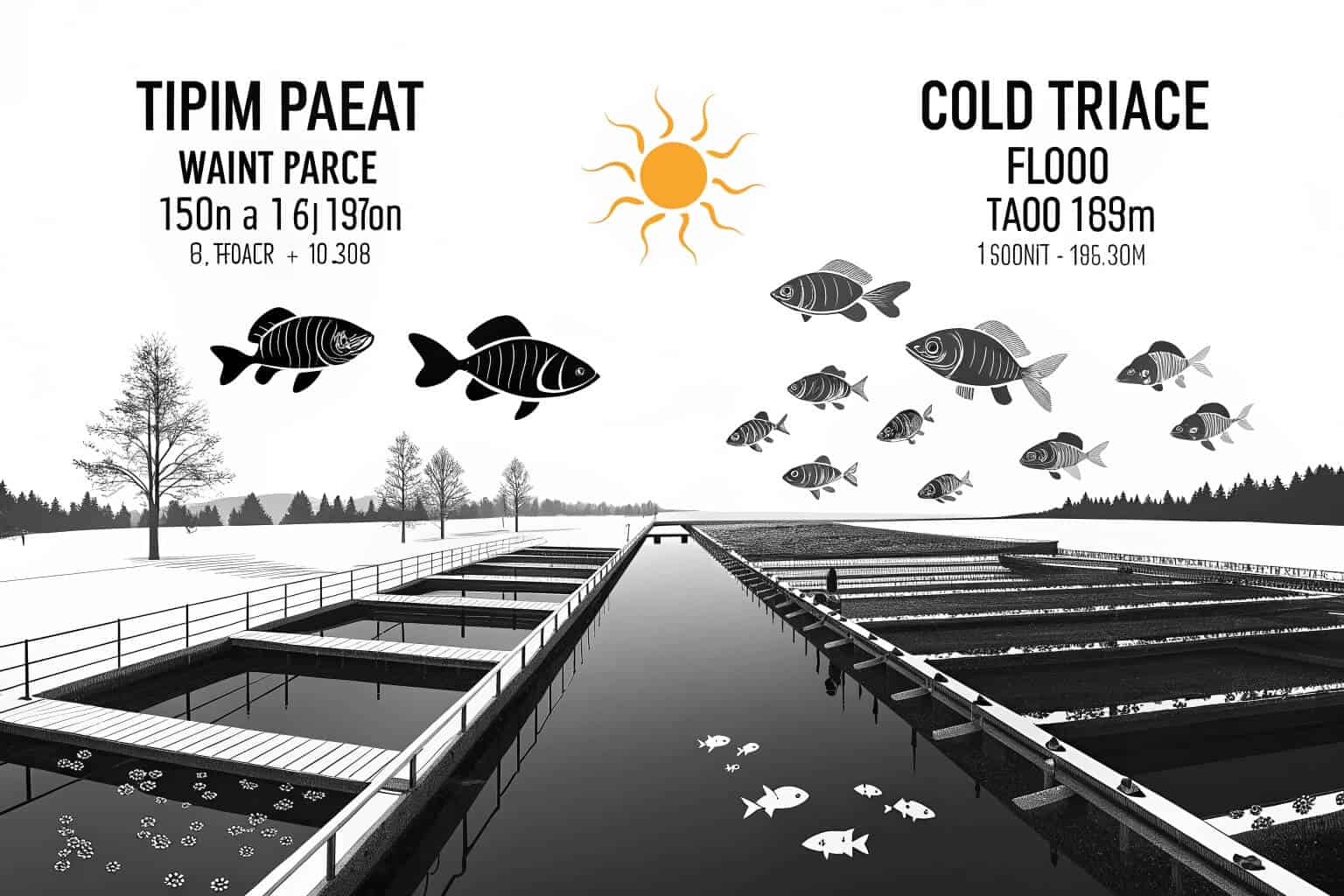 A collage of different farmed fish like tilapia, catfish, and salmon