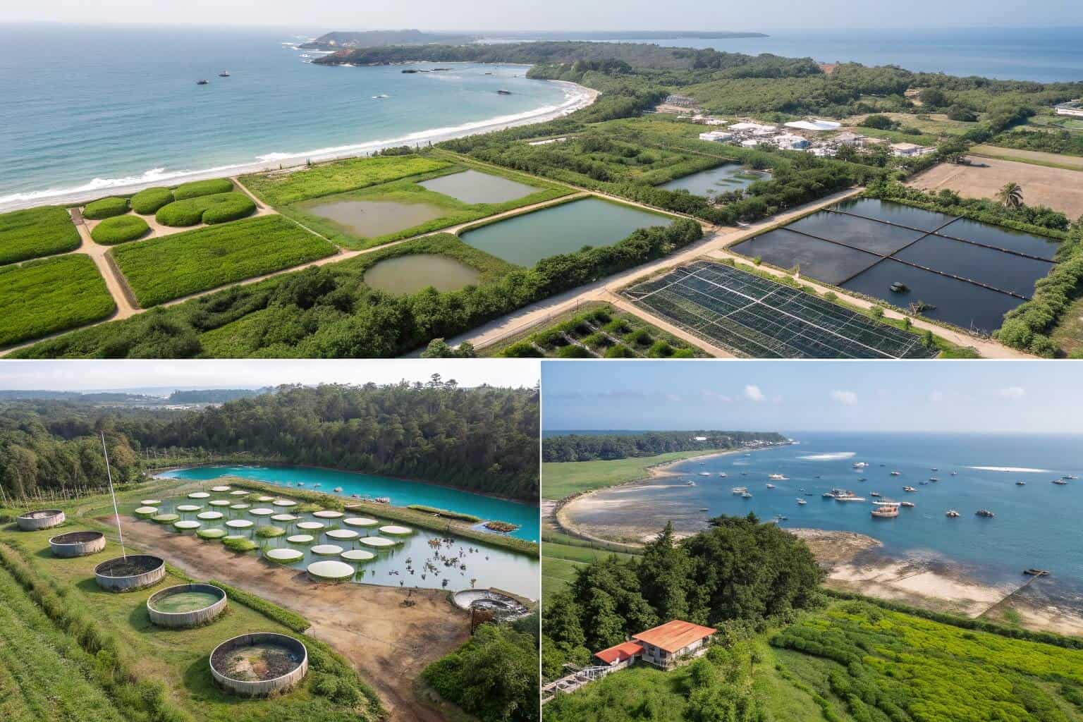 A four-quadrant image showing a freshwater pond, a saltwater net pen, a brackish shrimp pond, and an integrated system.