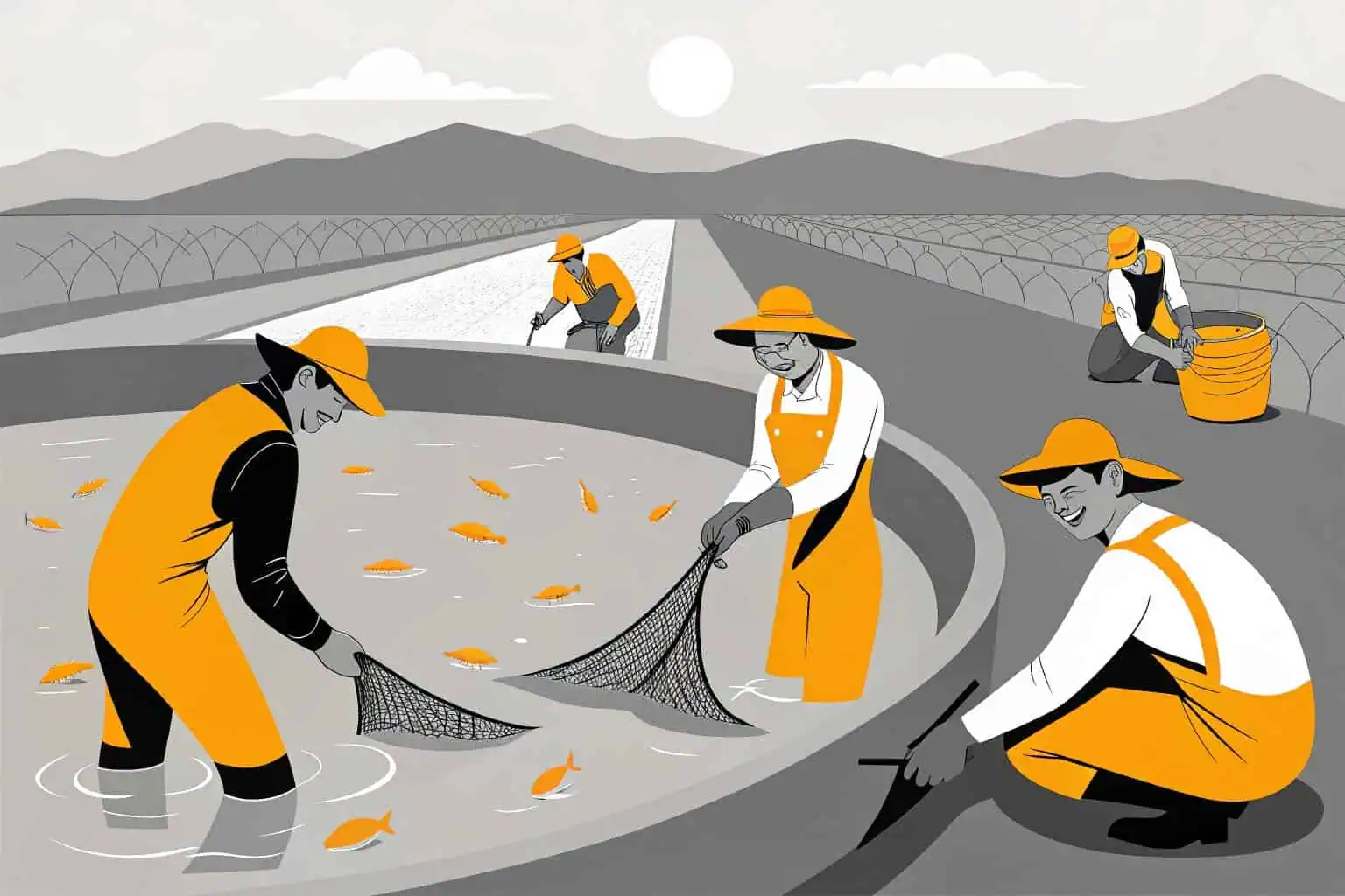 Aquaculture workers harvesting fish