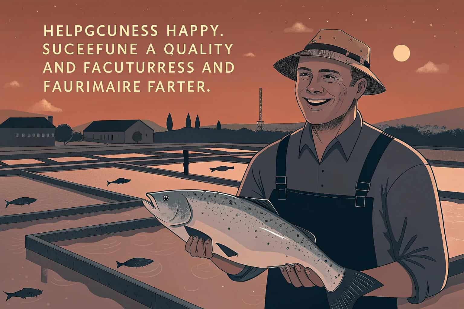 A fish farmer smiling while holding a large, healthy fish, with the farm in the background.