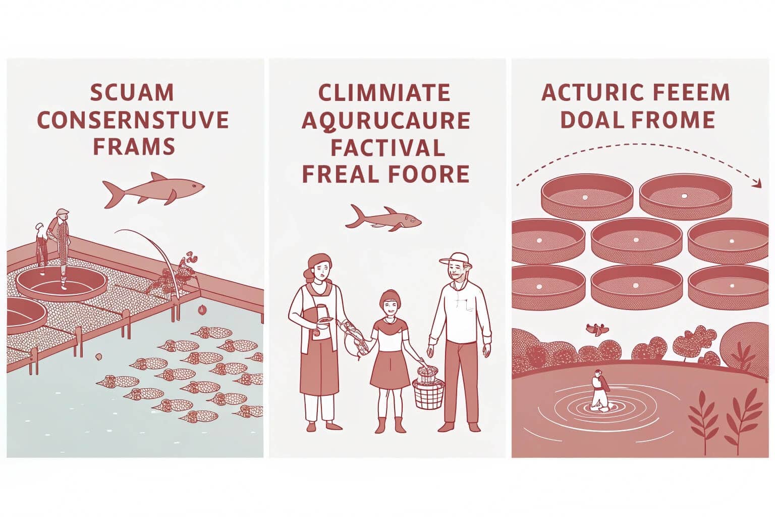 A collage of three images: a bustling fish market, scientists releasing juvenile fish into a river, and a family fishing at a recreational pond.