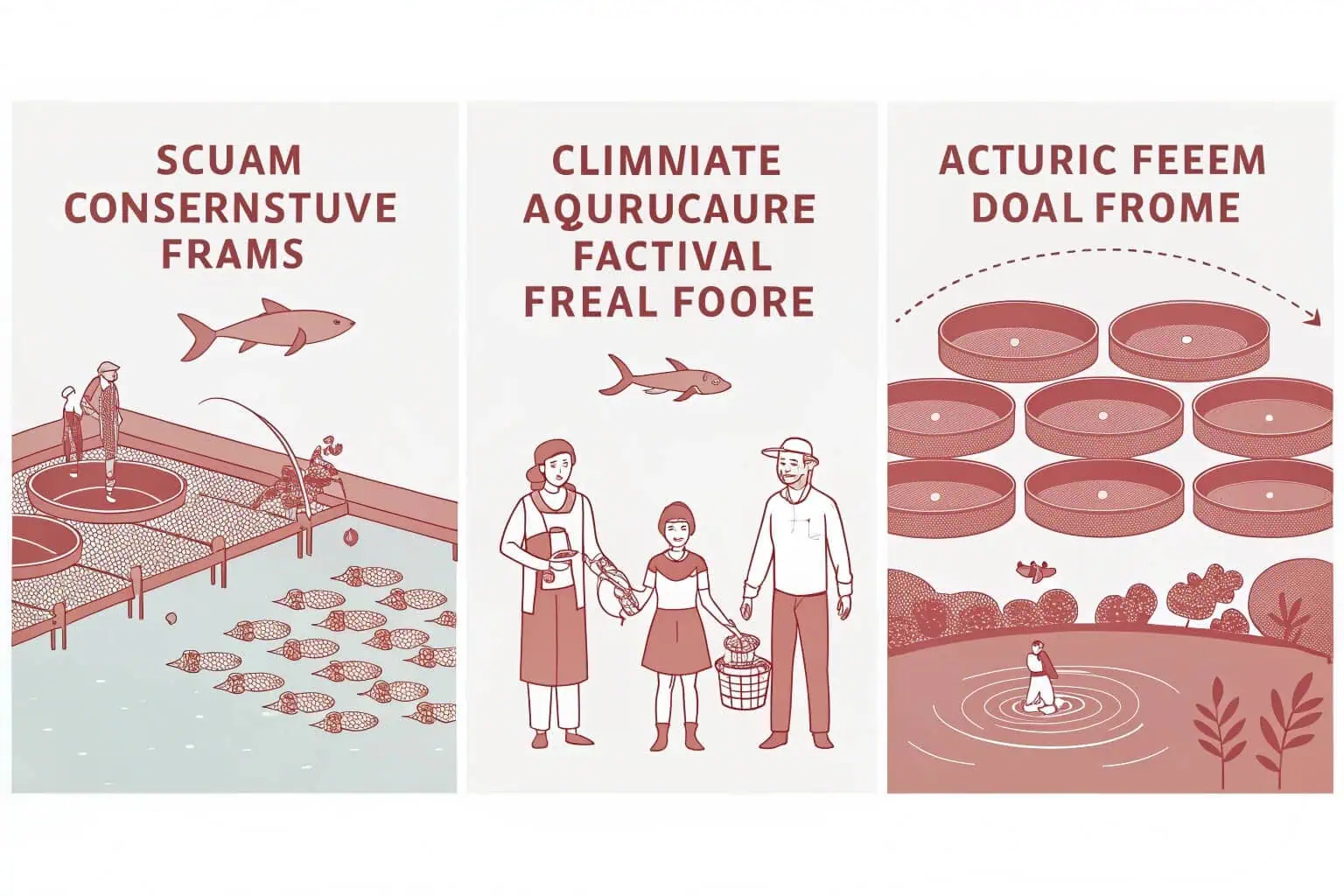 A collage of three images: a bustling fish market, scientists releasing juvenile fish into a river, and a family fishing at a recreational pond.