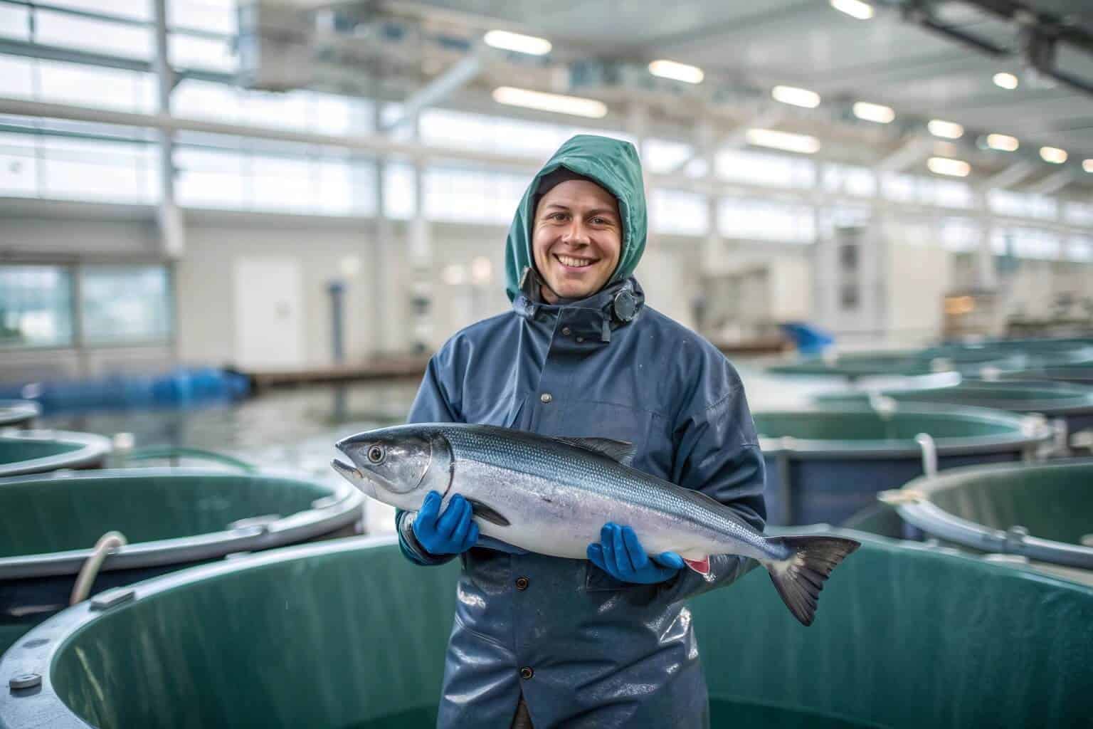 An aquaculturist in waterproof gear smiling while holding a large, healthy fish.
