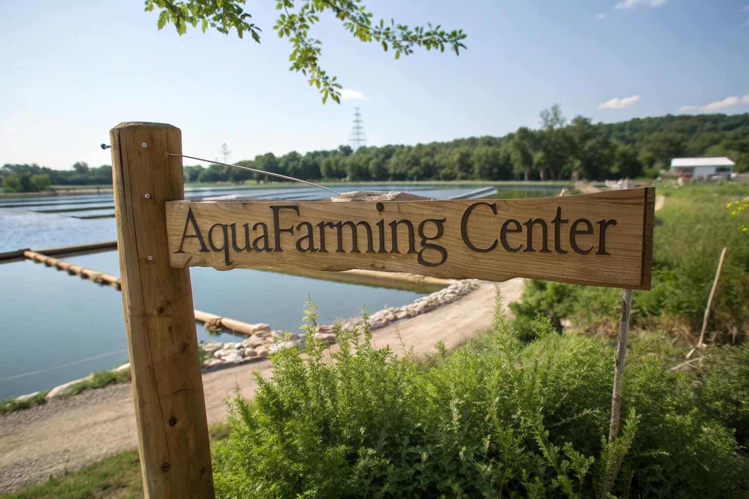 A wooden sign on a post that reads 'Aquafarming Research Center'.