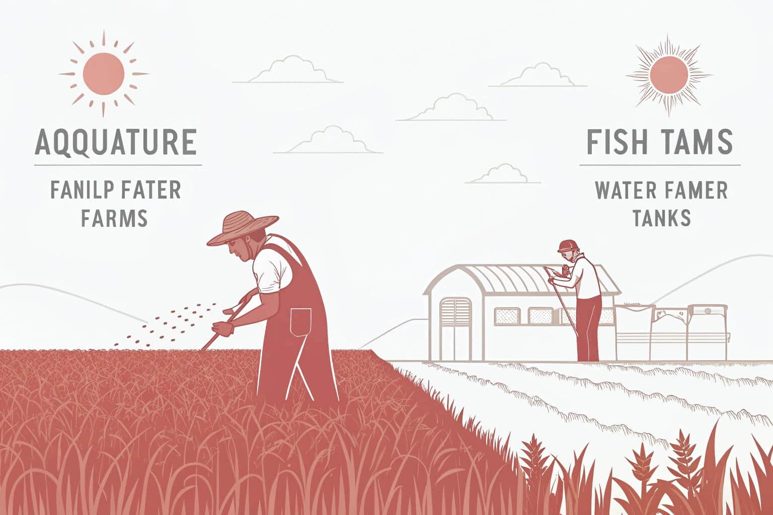 A split-screen image showing a farmer in a field on one side and a fish farmer managing a tank on the other.