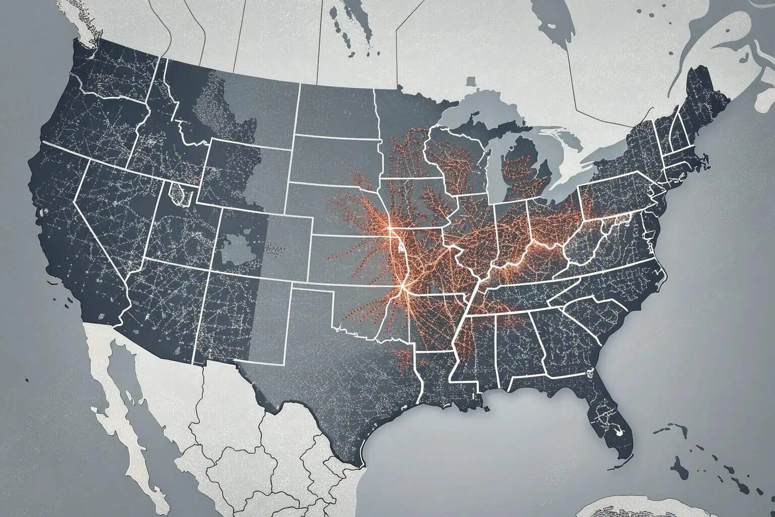 A heatmap of the US showing the highest concentration of aquaculture farms in the Southeastern states.