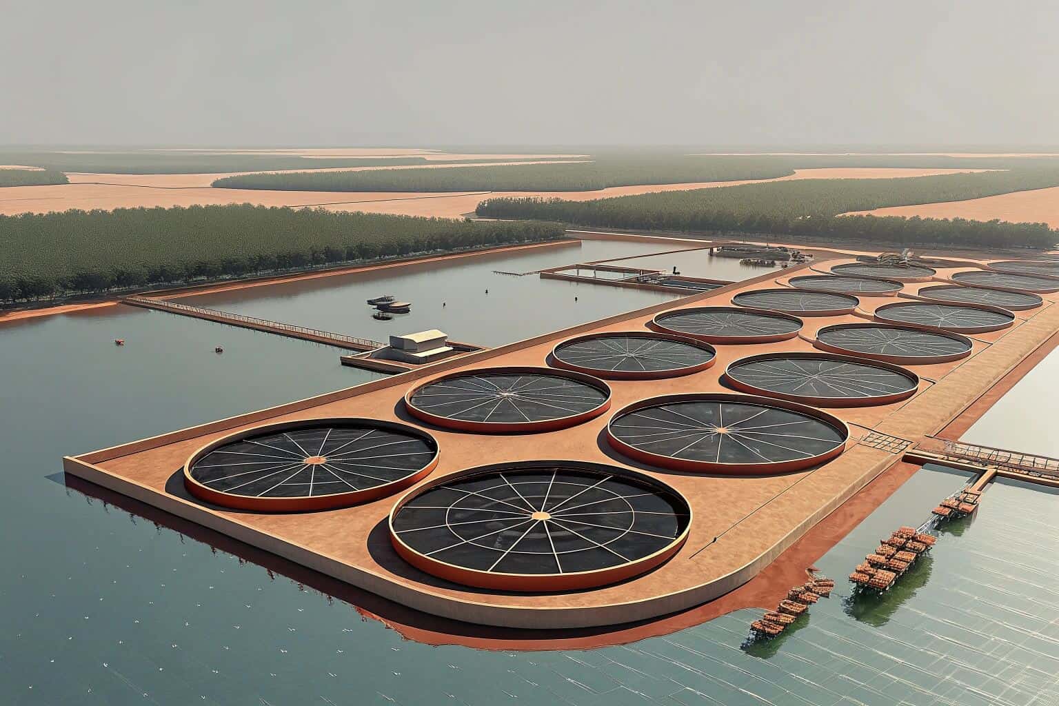 A top-down drone shot of a circular shrimp farm