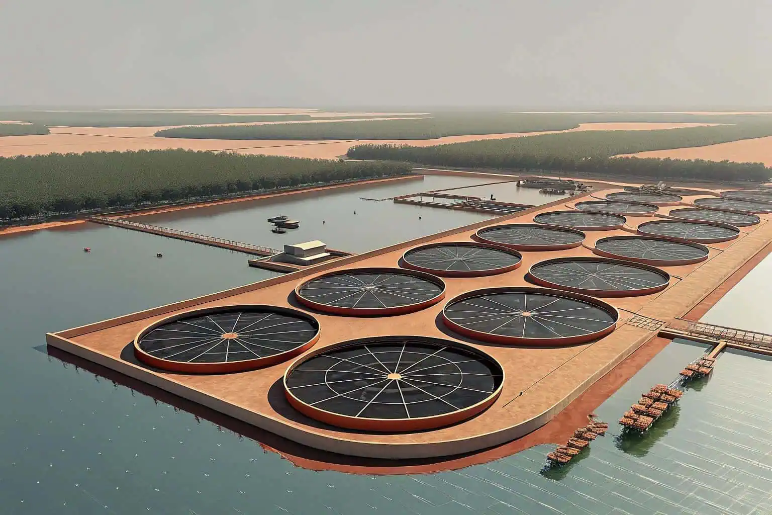 A top-down drone shot of a circular shrimp farm