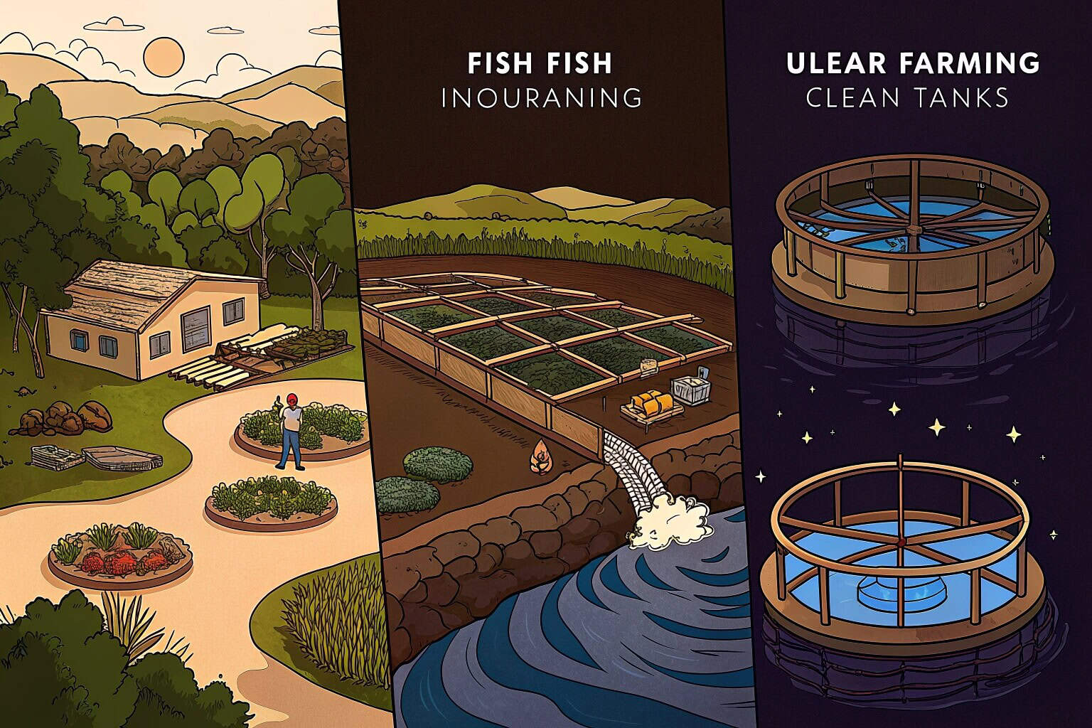 A side-by-side comparison image showing a traditional fish pond, an ocean fish cage, and a modern indoor RAS facility.