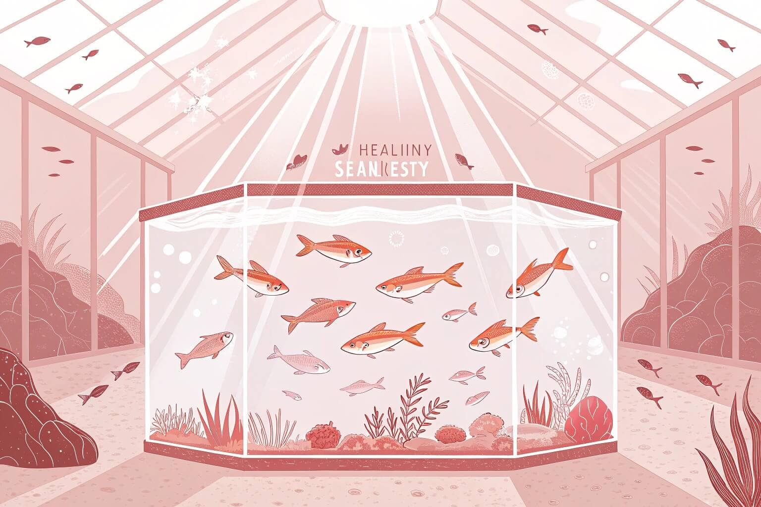 A vibrant underwater scene of a school of healthy fish swimming actively in a well-maintained tank with clear water and natural-looking decorations.