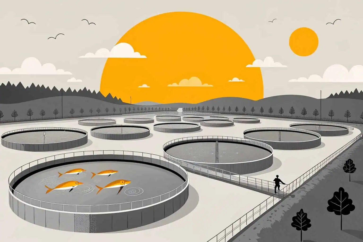 A thriving aquaculture farm with many ponds