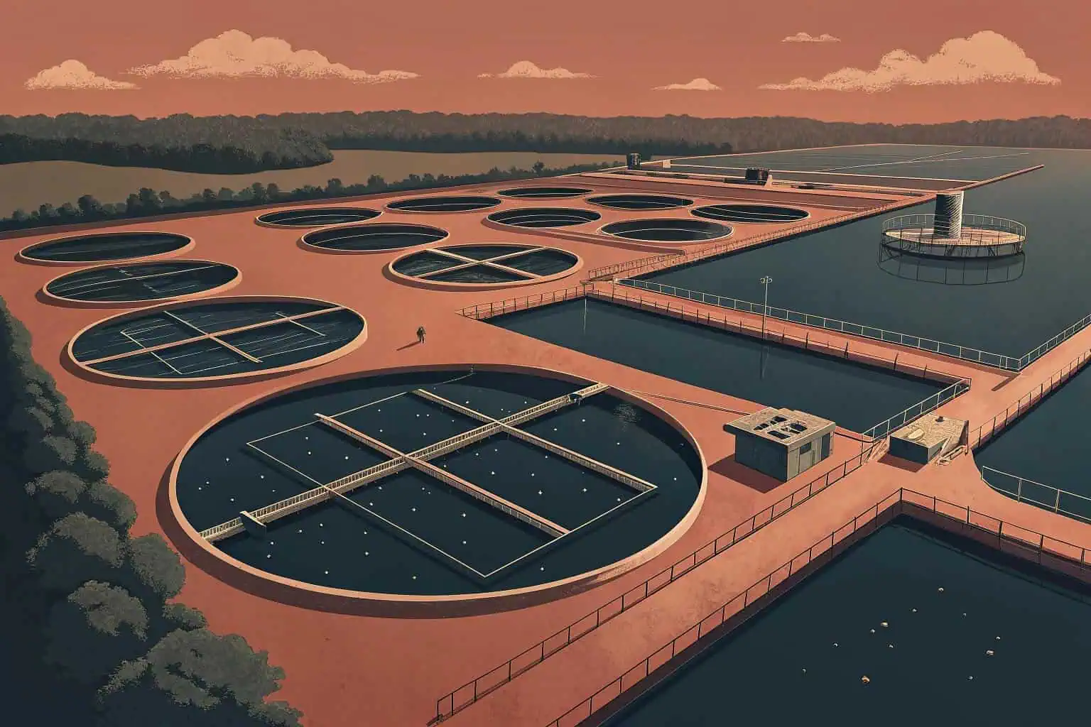 A wide-angle aerial shot of a massive, modern aquaculture farm with numerous circular and rectangular fish ponds, showing a clean and efficient operation.