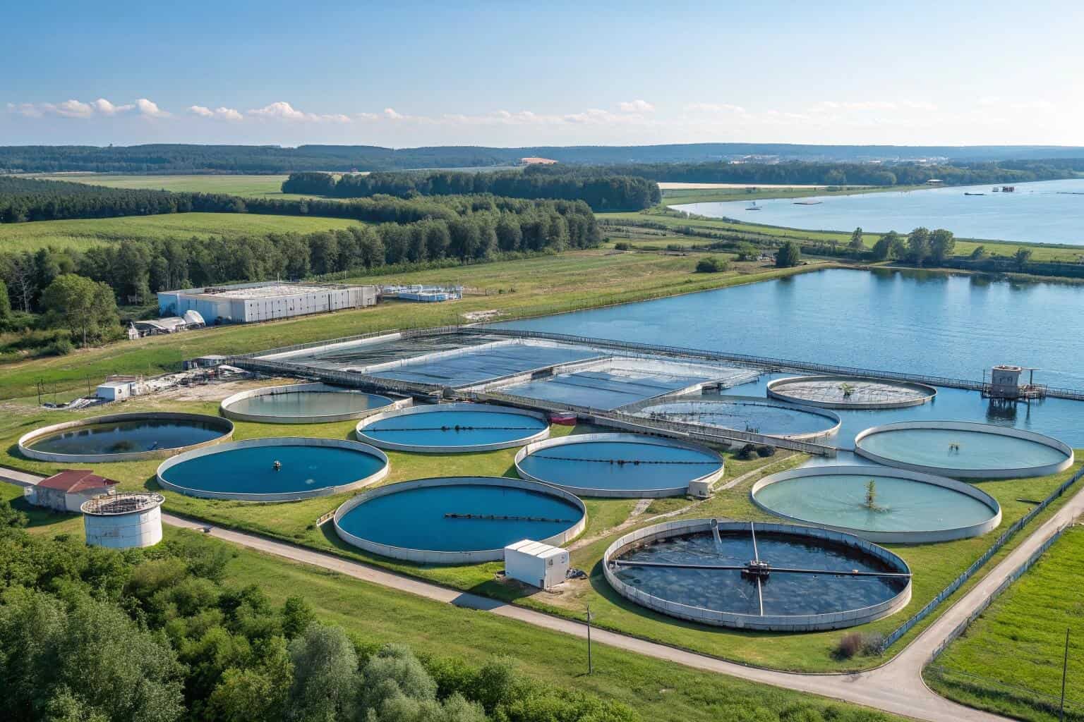 A wide-angle aerial shot of a massive, modern aquaculture farm