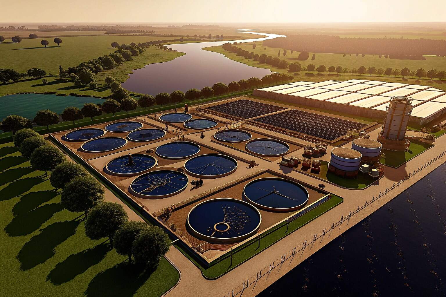A wide-angle aerial shot of a massive, modern aquaculture farm with numerous circular and rectangular fish ponds, showing a clean and efficient operation. The water is a vibrant blue, and the surrounding landscape is green and lush. The scene is bathed in bright, sunny daylight, conveying a sense of scale, sustainability, and powerful growth. Ultra-realistic, 8K, hyper-detailed commercial photography. --ar 16:9