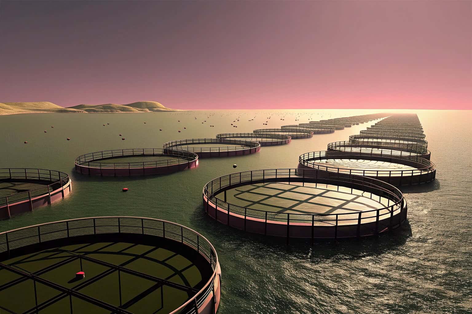 A large fish farm with pens for different types of fish.