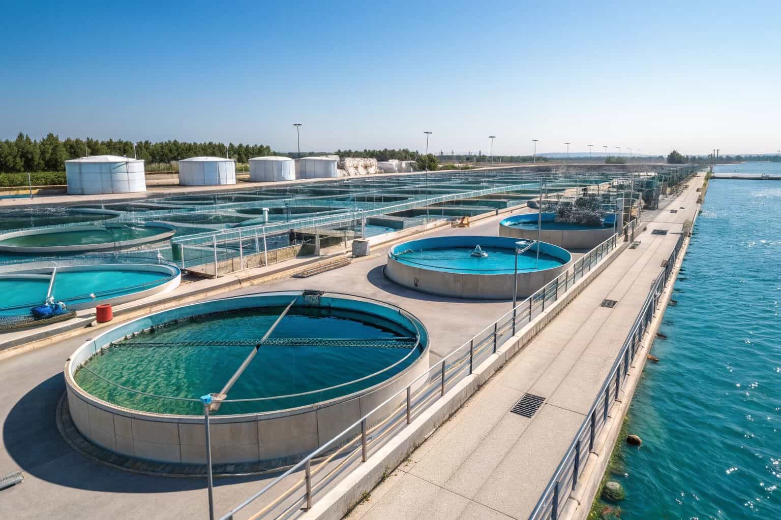 A wide-angle aerial shot of a massive, modern aquaculture farm with numerous circular and rectangular fish ponds, showing a clean and efficient operation.