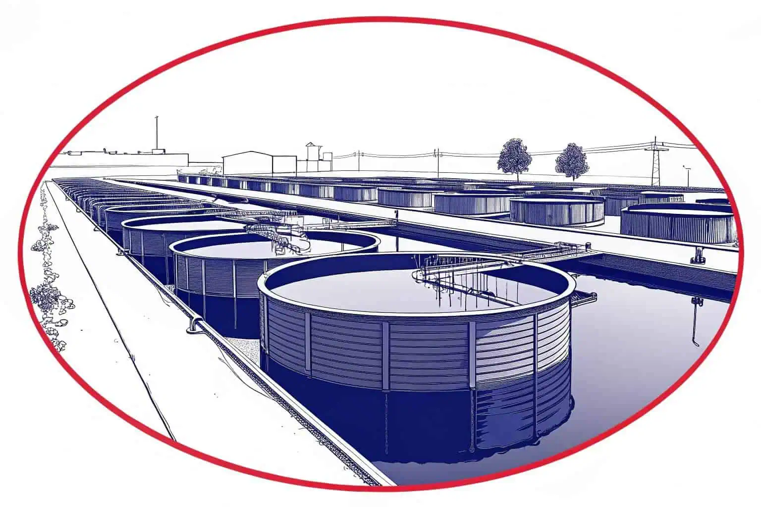 A bustling aquaculture farm with large fish tanks