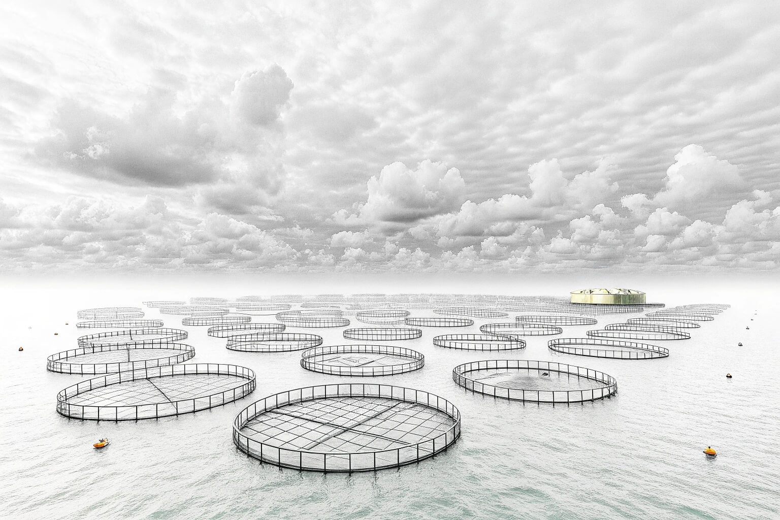 A fish farm with many cages